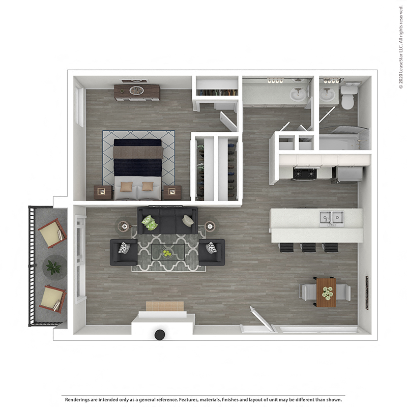 Floor plan for 1 bed, 1 bath, 750 sqft